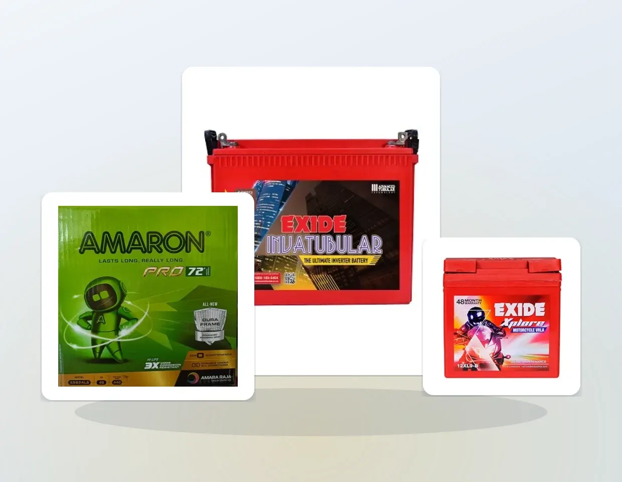 A car battery, a tall tubular inverter battery and a sealed two-wheeler battery